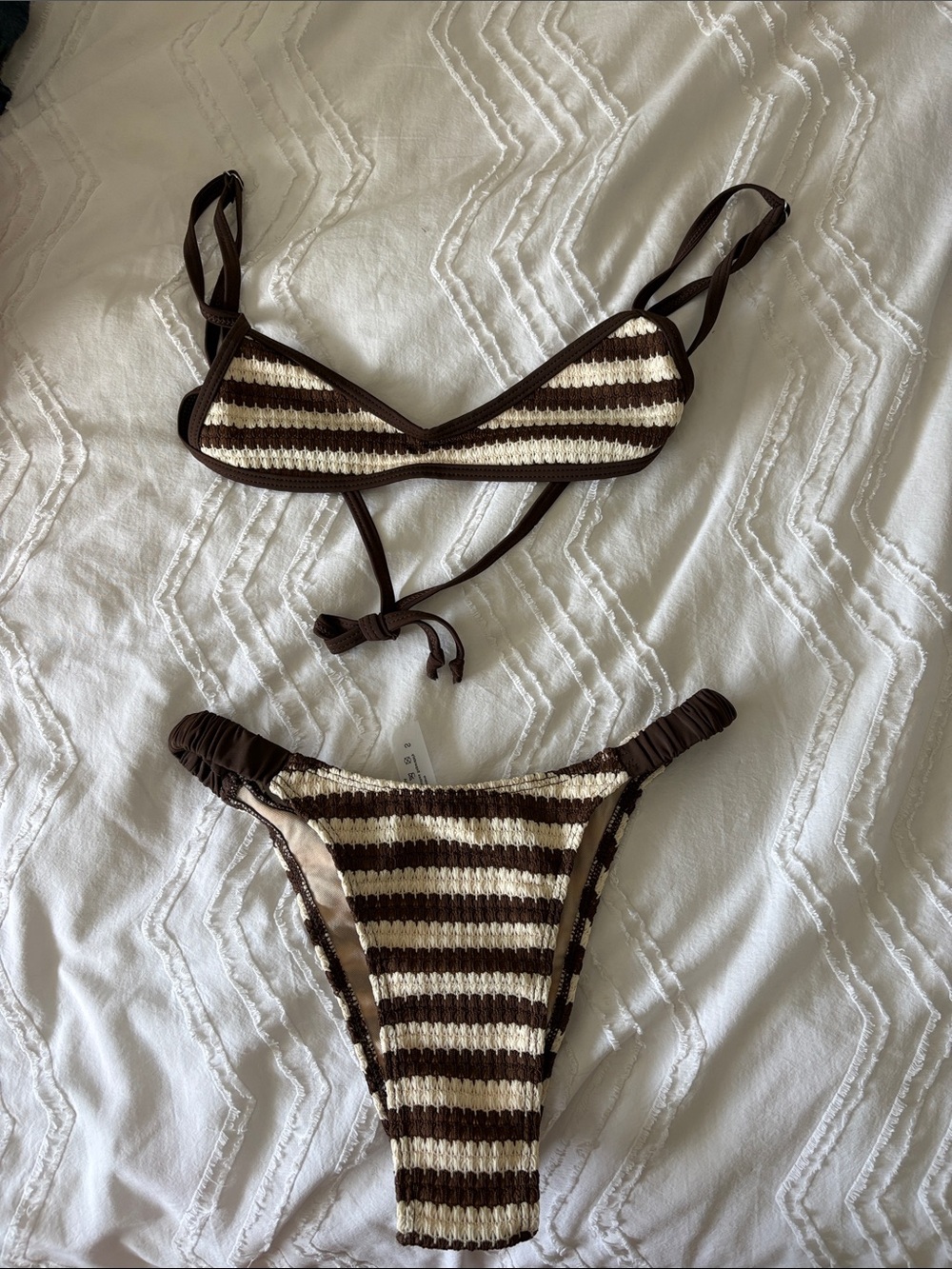Striped Crochet Bikini Set - Brown & Cream SHEIN